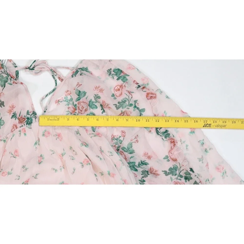 ASOS DESIGN Dress Womens 12 Pink Floral V Neck Long Sleeve Ruffle Skater Mini - Picture 4 of 11